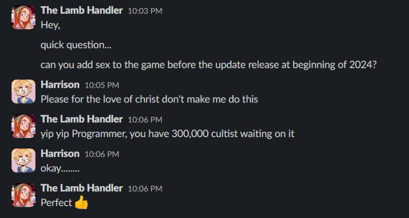 Cult of the Lamb is getting a sex update. Fans promptly completed the developers&#39; task