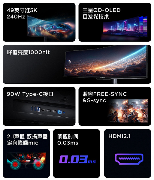 Первый китайский монитор с 49-дюймовой панелью QD-OLED Samsung с разрешением 5120 х 1440 пикселей. Представлен Red Magic Realm 49 E-Sports Monitor