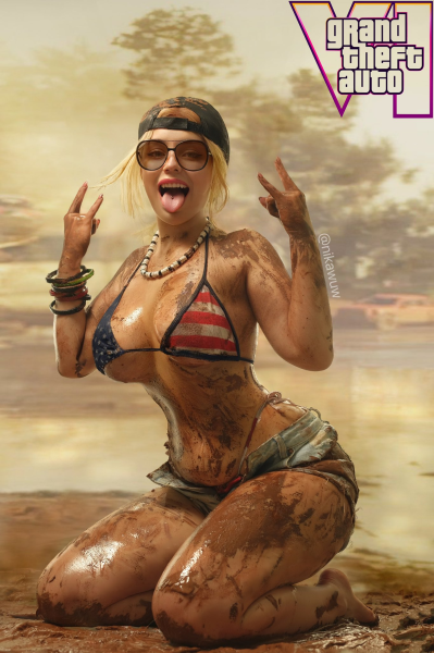 Russian cosplay of a girl from the GTA 6 trailer. With dirt and curvy figures