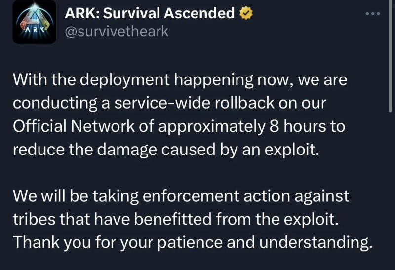 ARK Survival Ascended servers and player progress were rolled back by 8 hours due to a new exploit