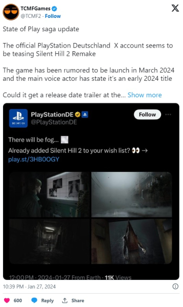 Rumor: Silent Hill 2 gameplay will be shown in February as part of State of Play