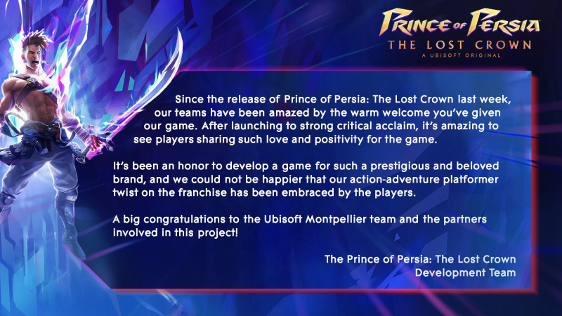 The developers of Prince Of Persia: The Lost Crown thanked the players for their enormous support