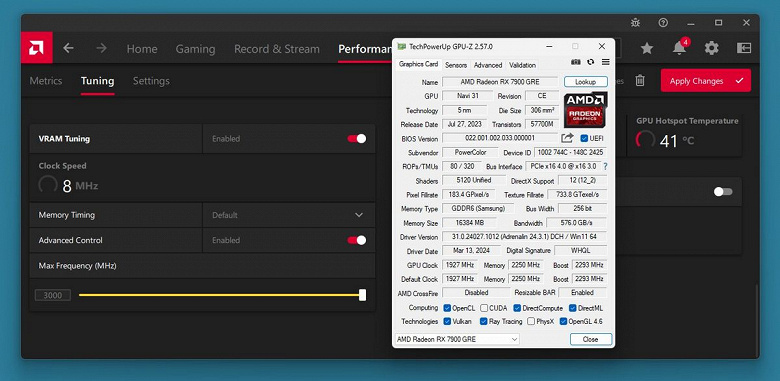 AMD сняла ограничения на разгон памяти Radeon RX 7900 GRE: новый драйвер Adrenalin повысил предел разгона до 3000 МГц