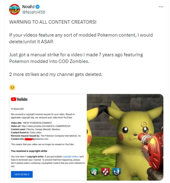 Nintendo threw a strike at a video of a popular blogger from 7 years ago with Pokemon in Call of Duty