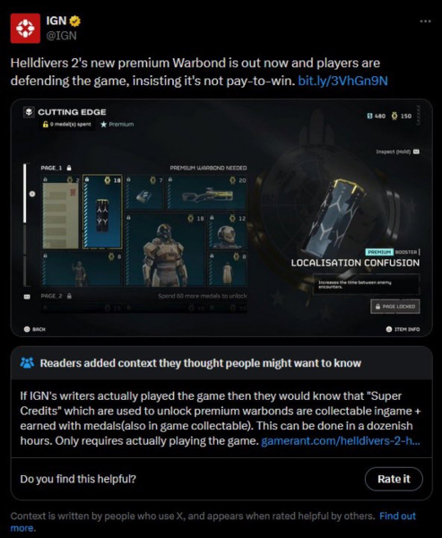 You haven&#39;t even played the game, right? IGN got caught trying to disparage Helldivers 2 for microtransactions. Twice